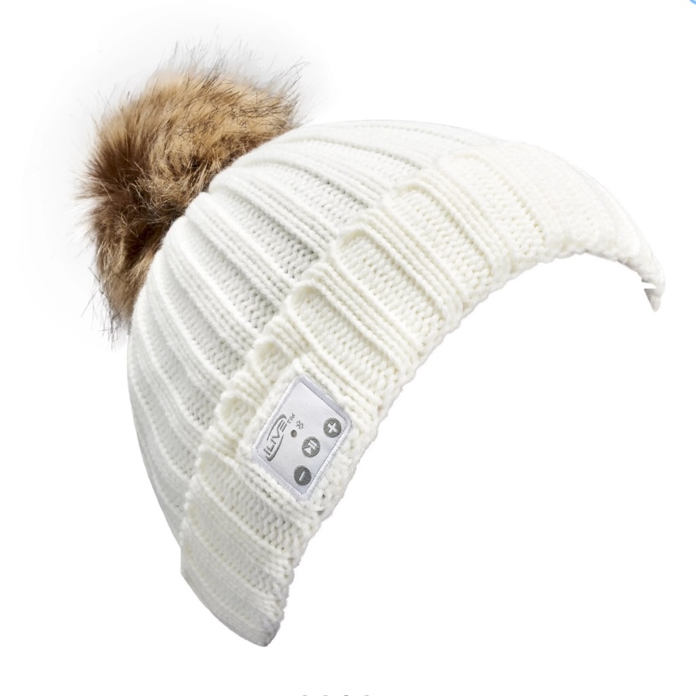 708 Wireless earbuds Knit Cap with Faux Fur Pom - Cream